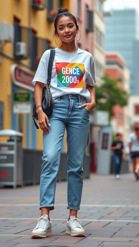 A trendy 2000s outfit with low-rise jeans, graphic tee, and chunky sneakers, accessorized with hoop earrings and a mini backpack.